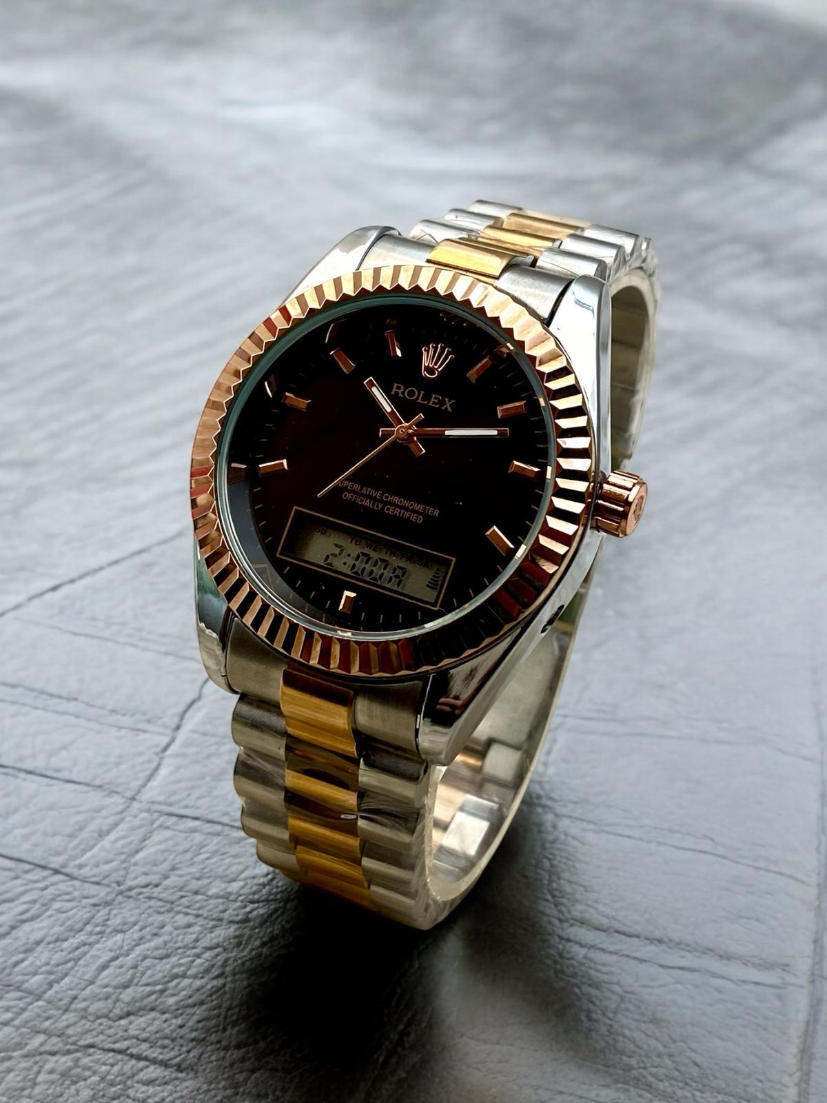 ROLEX UNIQUE DOUBLE TIME WATCHES STAINLESS STEEL CHAIN BRASS CUT RING CASE, WITH TAJ LOCK