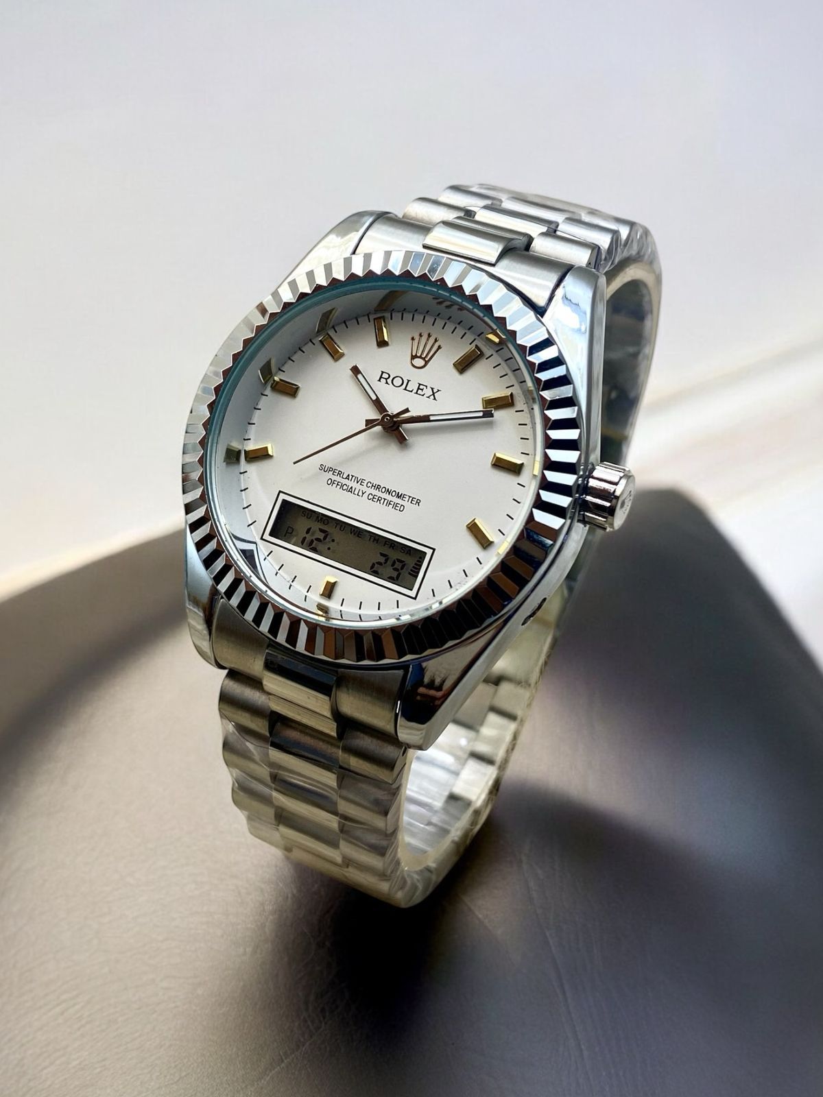 ROLEX UNIQUE DOUBLE TIME WATCHES STAINLESS STEEL CHAIN BRASS CUT RING CASE, WITH TAJ LOCK