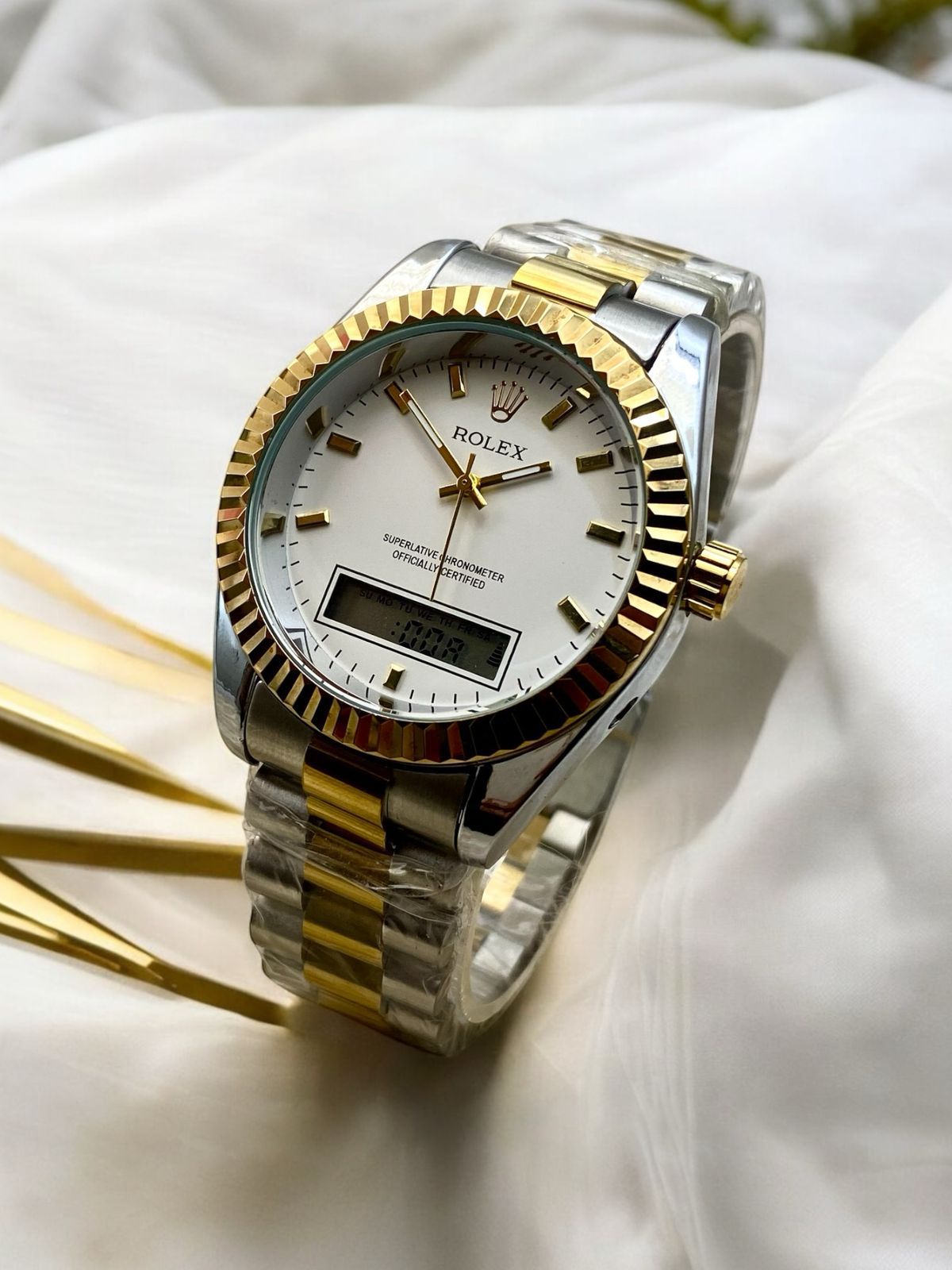 ROLEX UNIQUE DOUBLE TIME WATCHES STAINLESS STEEL CHAIN BRASS CUT RING CASE, WITH TAJ LOCK