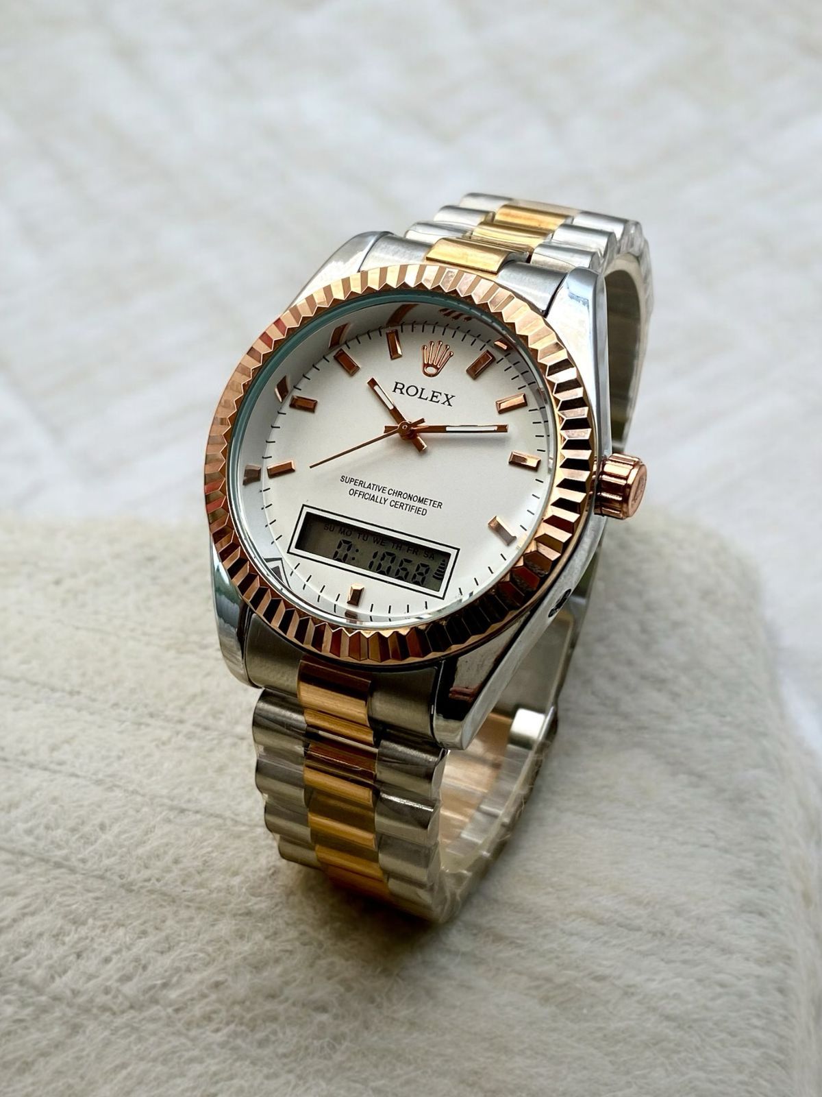 ROLEX UNIQUE DOUBLE TIME WATCHES STAINLESS STEEL CHAIN BRASS CUT RING CASE, WITH TAJ LOCK