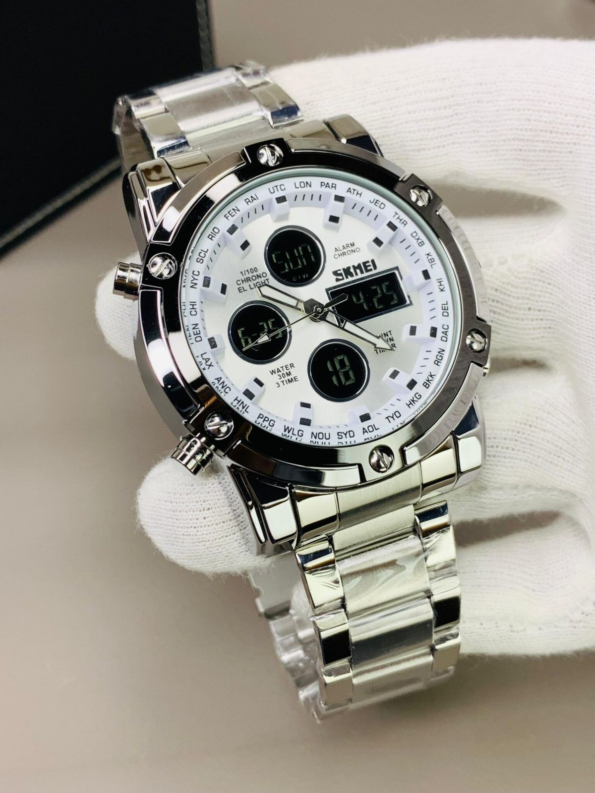 SKMEI ORIGINAL MODEL NO. 1389 DOUBLE TIME WATCH GENT'S COLLECTION CHINA ASSEMBLED WATER RESISTANT STAINLESS STEEL CHAIN