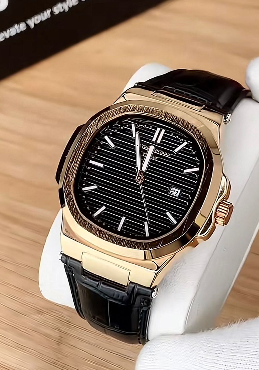 PATEK PHILIPPE GENEVE FAMOUS NATULIS MODEL WITH LEATHER STREP BRASS CASE WITH PATEK MONOGRAM LOCK
