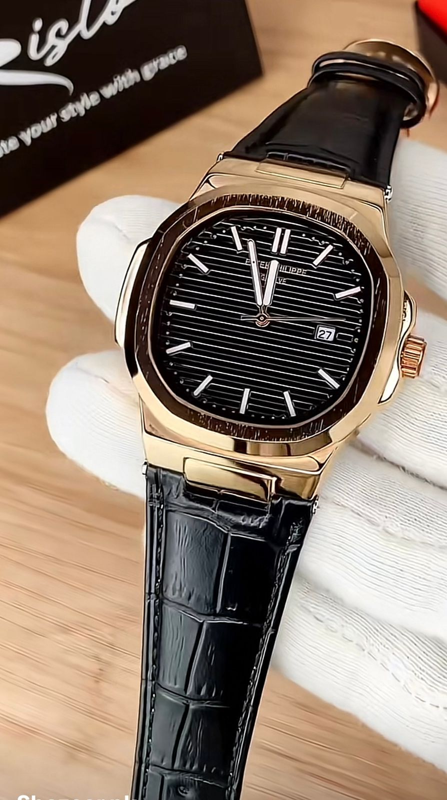 PATEK PHILIPPE GENEVE FAMOUS NATULIS MODEL WITH LEATHER STREP BRASS CASE WITH PATEK MONOGRAM LOCK