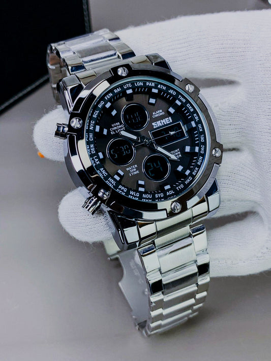 SKMEI ORIGINAL MODEL NO. 1389 DOUBLE TIME WATCH GENT'S COLLECTION CHINA ASSEMBLED WATER RESISTANT STAINLESS STEEL CHAIN