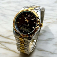 ROLEX UNIQUE DOUBLE TIME WATCHES STAINLESS STEEL CHAIN BRASS CUT RING CASE, WITH TAJ LOCK