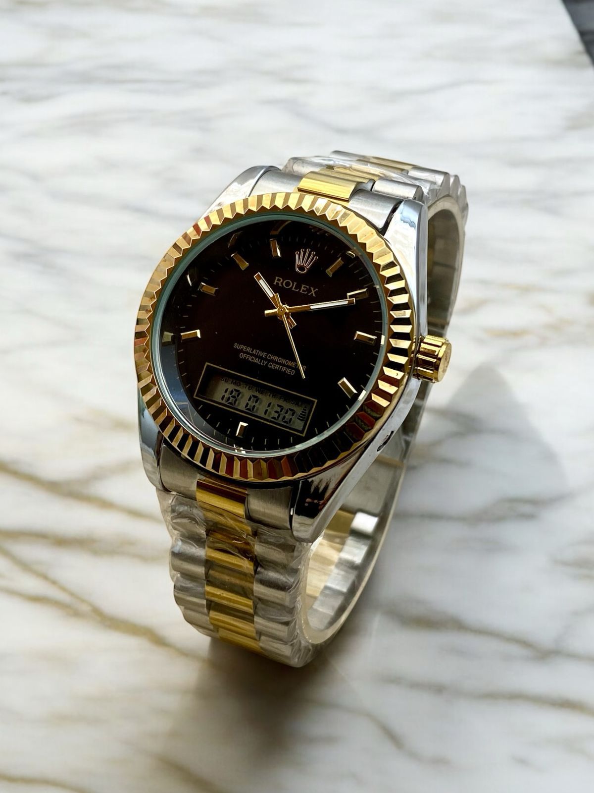 ROLEX UNIQUE DOUBLE TIME WATCHES STAINLESS STEEL CHAIN BRASS CUT RING CASE, WITH TAJ LOCK