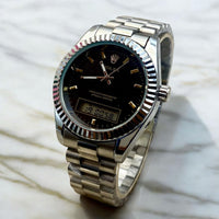 ROLEX UNIQUE DOUBLE TIME WATCHES STAINLESS STEEL CHAIN BRASS CUT RING CASE, WITH TAJ LOCK