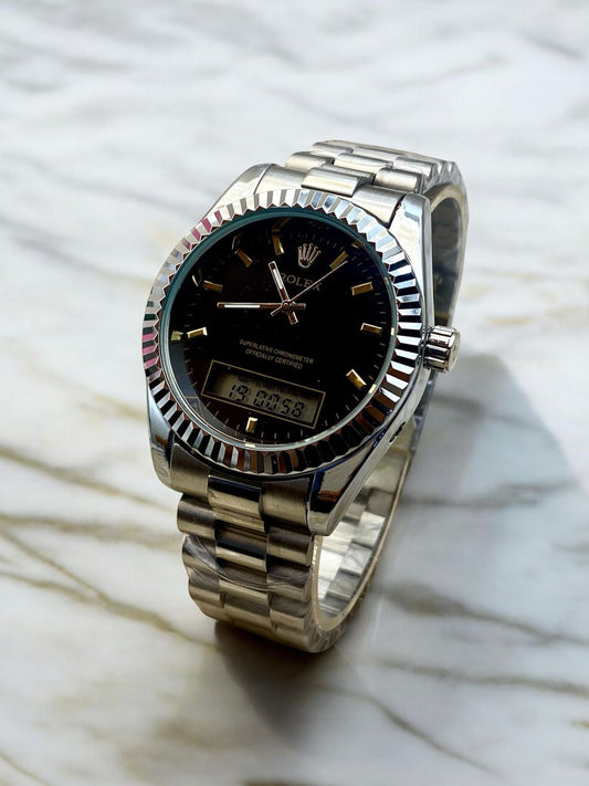 ROLEX UNIQUE DOUBLE TIME WATCHES STAINLESS STEEL CHAIN BRASS CUT RING CASE, WITH TAJ LOCK