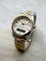 ROLEX UNIQUE DOUBLE TIME WATCHES STAINLESS STEEL CHAIN BRASS CUT RING CASE, WITH TAJ LOCK