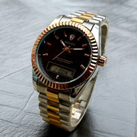 ROLEX UNIQUE DOUBLE TIME WATCHES STAINLESS STEEL CHAIN BRASS CUT RING CASE, WITH TAJ LOCK
