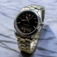 ROLEX UNIQUE DOUBLE TIME WATCHES STAINLESS STEEL CHAIN BRASS CUT RING CASE, WITH TAJ LOCK