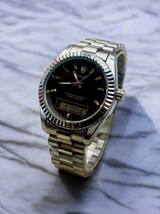 ROLEX UNIQUE DOUBLE TIME WATCHES STAINLESS STEEL CHAIN BRASS CUT RING CASE, WITH TAJ LOCK
