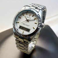 ROLEX UNIQUE DOUBLE TIME WATCHES STAINLESS STEEL CHAIN BRASS CUT RING CASE, WITH TAJ LOCK