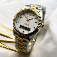 ROLEX UNIQUE DOUBLE TIME WATCHES STAINLESS STEEL CHAIN BRASS CUT RING CASE, WITH TAJ LOCK