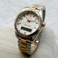 ROLEX UNIQUE DOUBLE TIME WATCHES STAINLESS STEEL CHAIN BRASS CUT RING CASE, WITH TAJ LOCK