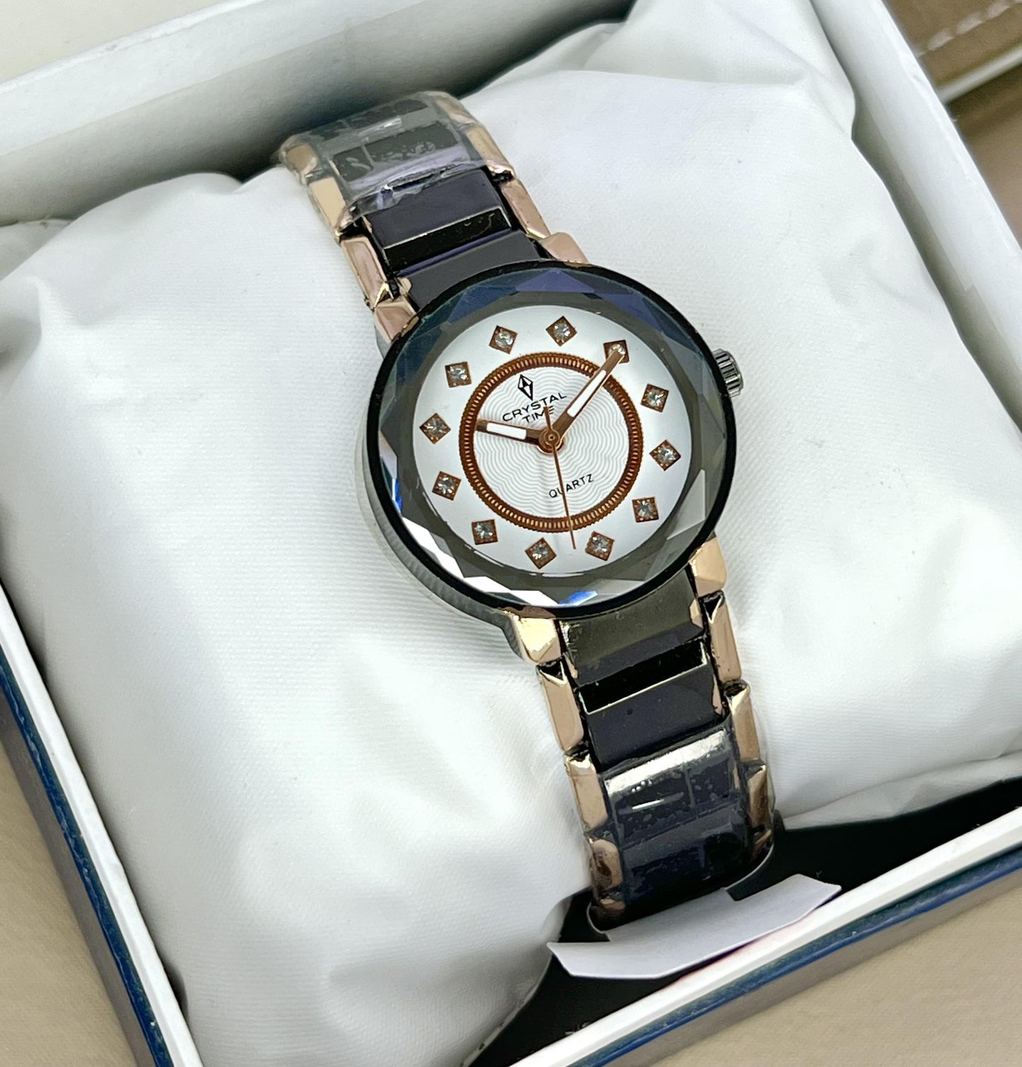 CRYSTAL TIME BRAND  LADIES CHAIN WATCHES  STONE DIALS  PUSH BUTTON LOCK