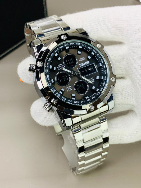 SKMEI ORIGINAL MODEL NO. 1389 DOUBLE TIME WATCH GENT'S COLLECTION CHINA ASSEMBLED WATER RESISTANT STAINLESS STEEL CHAIN