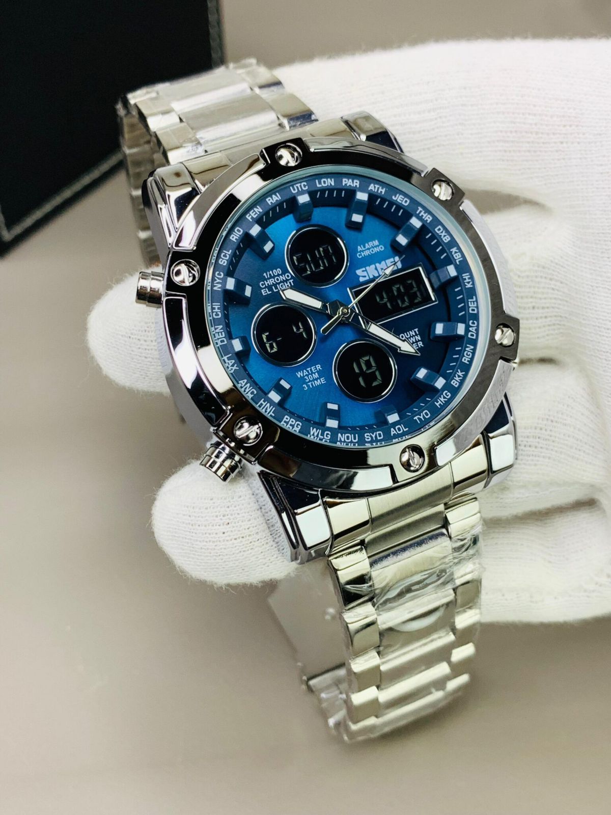 SKMEI ORIGINAL MODEL NO. 1389 DOUBLE TIME WATCH GENT'S COLLECTION CHINA ASSEMBLED WATER RESISTANT STAINLESS STEEL CHAIN