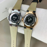 PATEK PHILIPPE GENEVE FAMOUS NATULIS MODEL WITH LEATHER STREP BRASS CASE WITH PATEK MONOGRAM LOCK