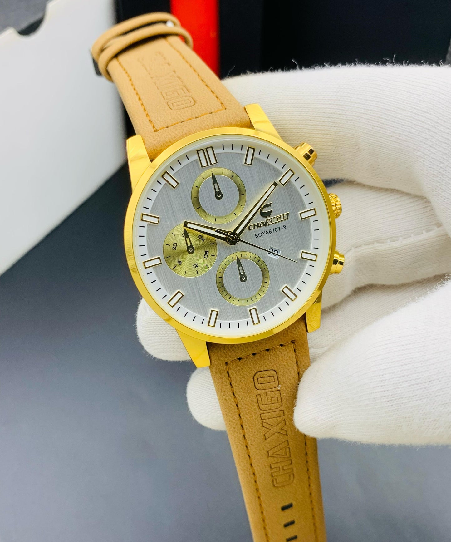 NEW ARTICLE   CHAXIGO MEN'S WATCH  CHINA ASSEMBLED  WATER RESISTANCE  LEATHER STRAP  DATE WORKING  ATTRACTIVE LOOK